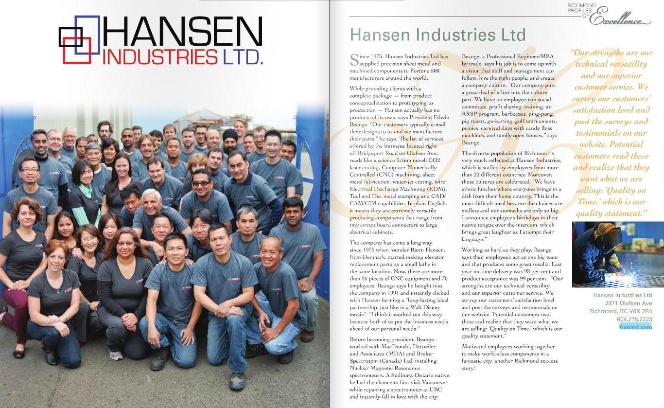 Hansen Industries featured in the Richmond News under profiles of Excellence