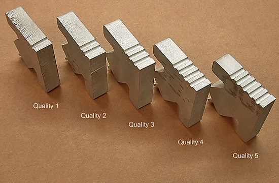 Samples of waterjet components with varying quality cuts
