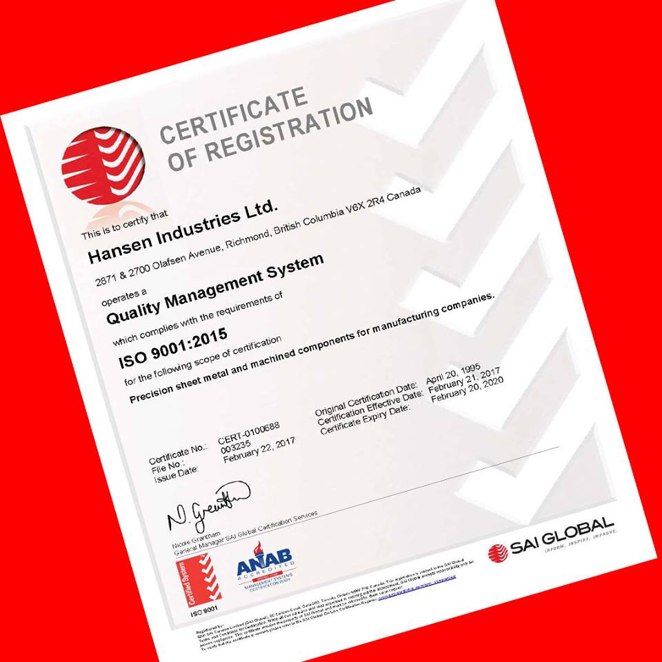 ISO 9001: 2015 Certification - Hansen Industries