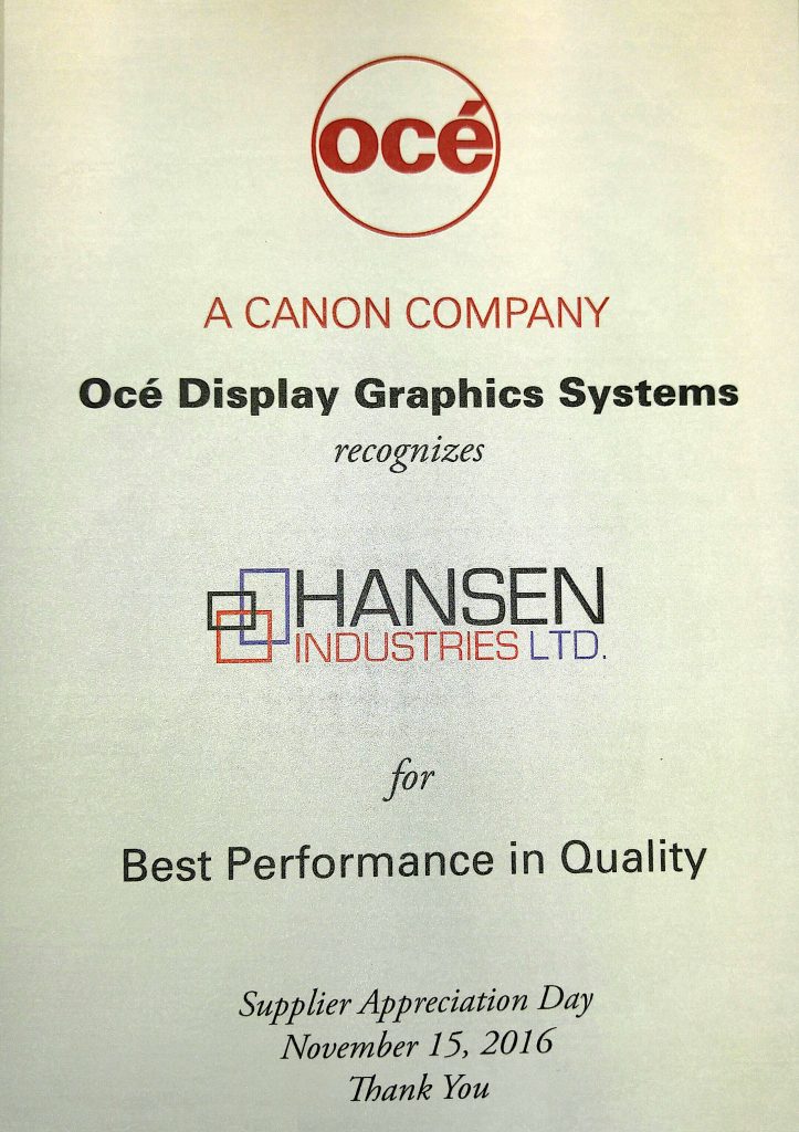 Award plaque from OCE Display Graphics Systems recognizing Hansen for Best Performance in Quality