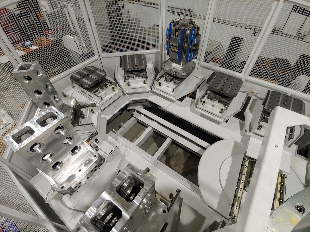 Overhead view of Hansen's Okuma 10 pool pallet changer horizontal machining centre with automation