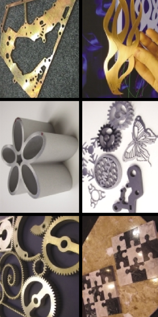 Variety of different metal samples cut with waterjet, including flower, butterly, and cog shapes