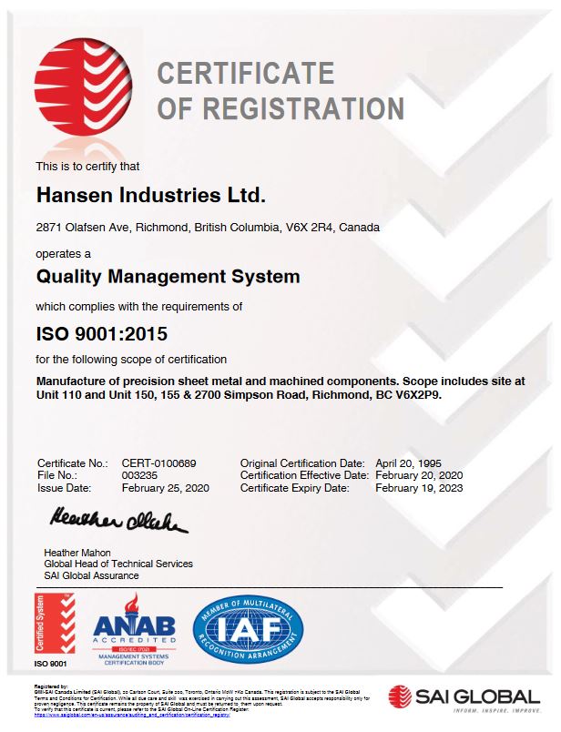 ISO 9001 Certificate - Hansen Industries