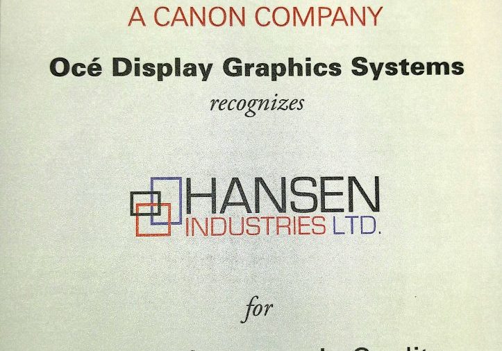 Award plaque from OCE Display Graphics Systems recognizing Hansen for Best Performance in Quality