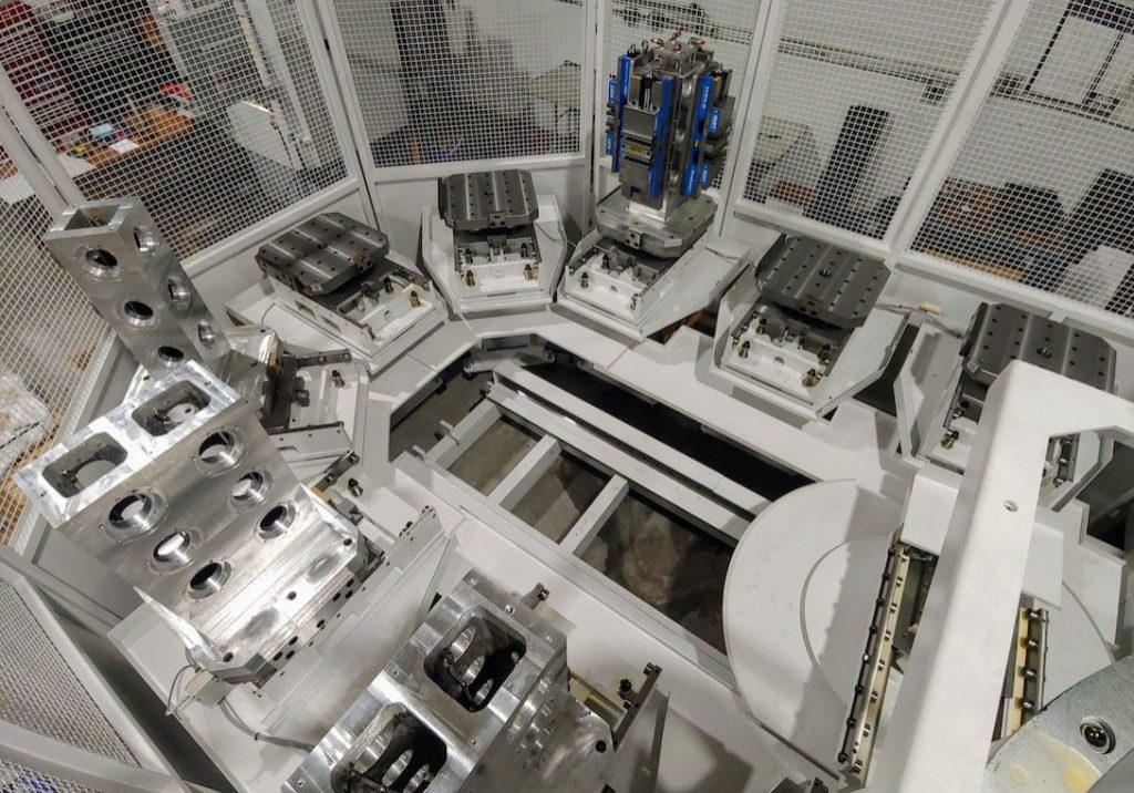 Overhead view of Hansen's Okuma 10 pool pallet changer horizontal machining centre with automation