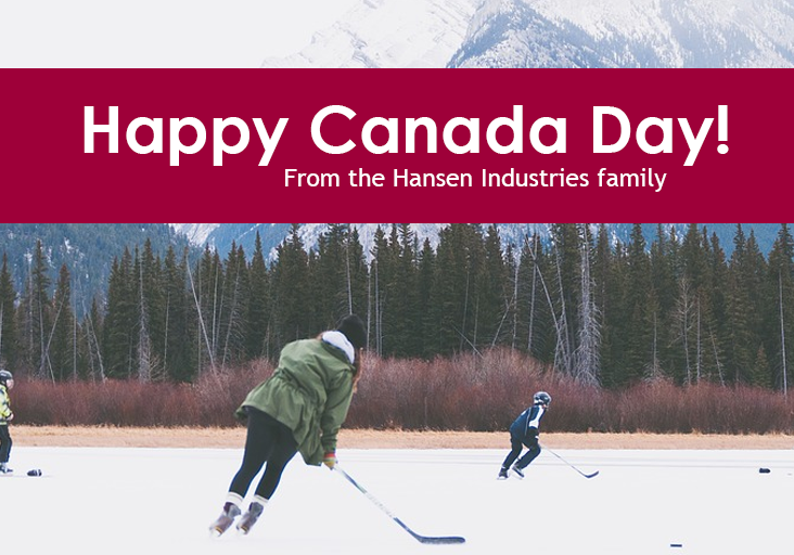 Happy Canada day card from Hansen Industries shows Canadians playing hockey
